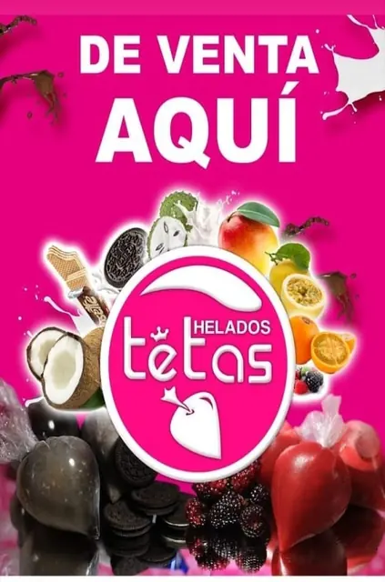 Afiche publicitario de helados con frutas sobre fondo rosa