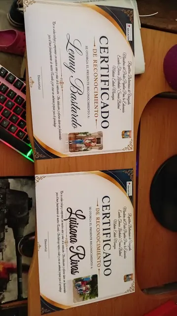 Dos diplomas de reconocimiento con detalles dorados