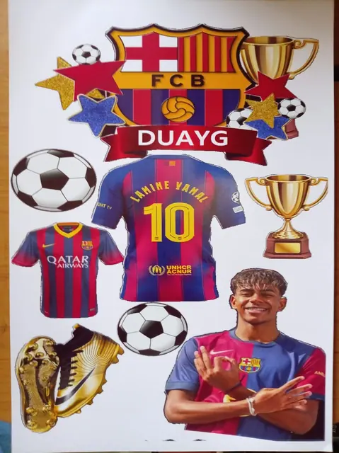 Lámina decorativa de fútbol con escudo, camisetas y trofeos