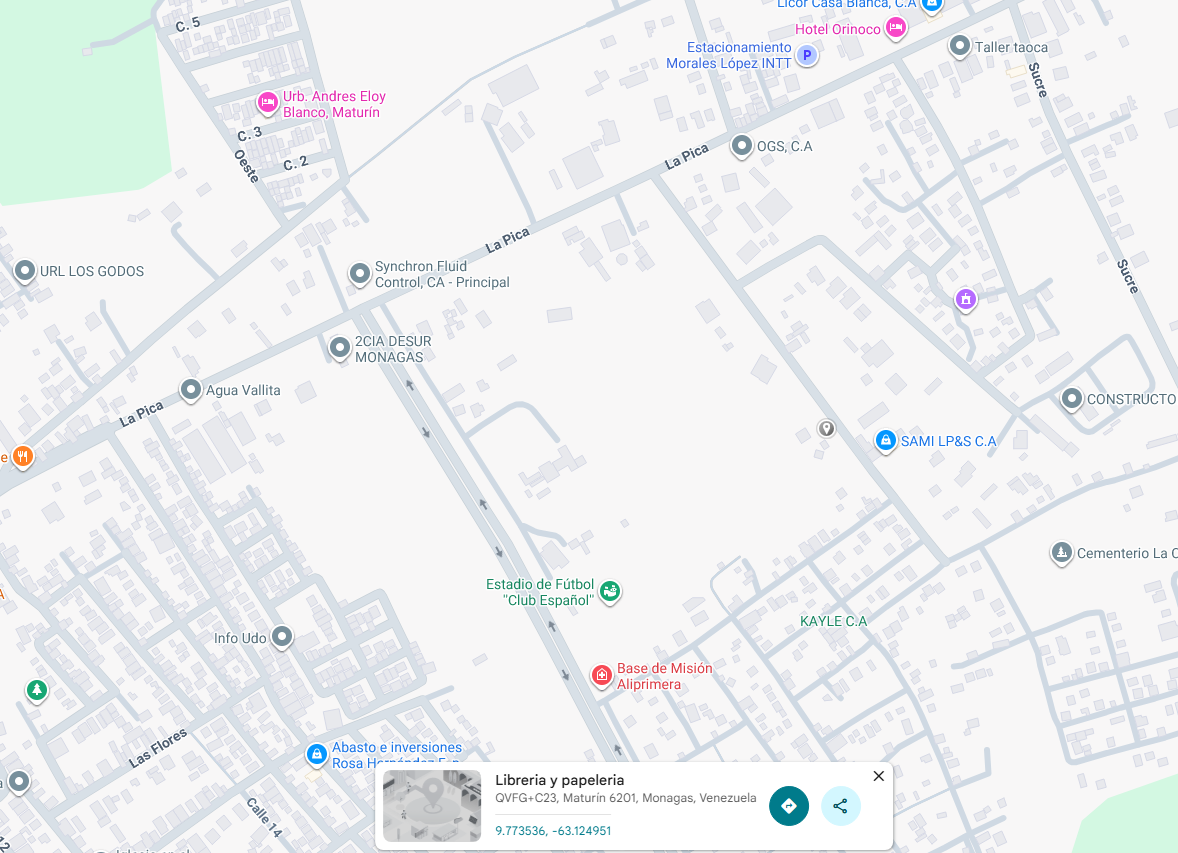 Mapa de La Pica: ImprimeFácil está en el punto gris junto a SAMI LP&S C.A., en la calle Macondo.
